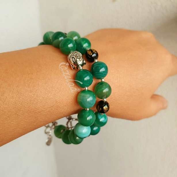 Green Agate  buddha mantra gemstone beaded Bracelet 2 set