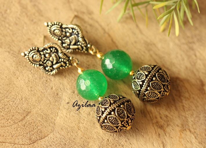 Green Goddess Antique Gold tone handmade earrings