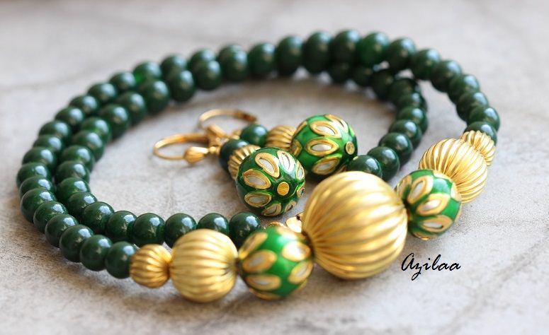 Green beads necklace jewelry, Green necklace earrings set