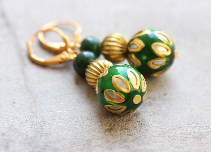 Green beads necklace jewelry, Green necklace earrings set