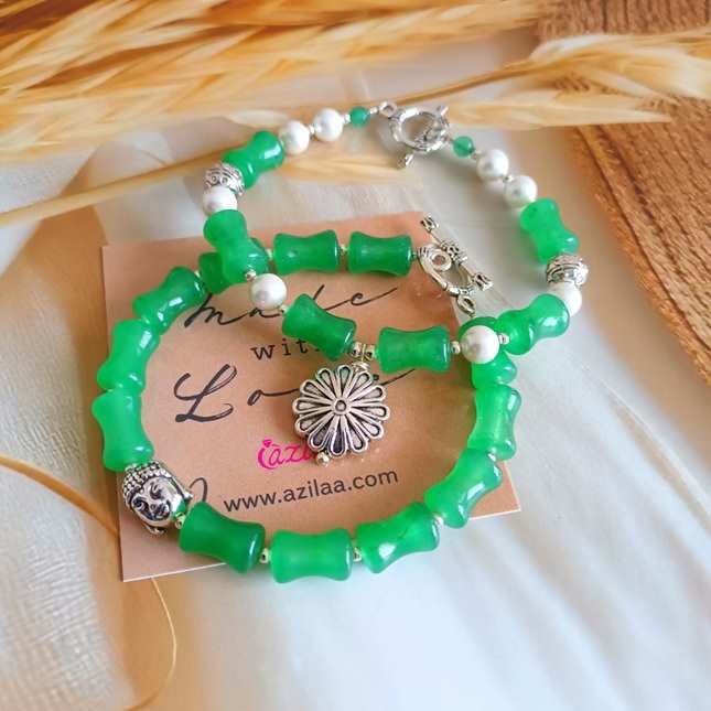 Green Aventurine flower charm couple  bracelet set