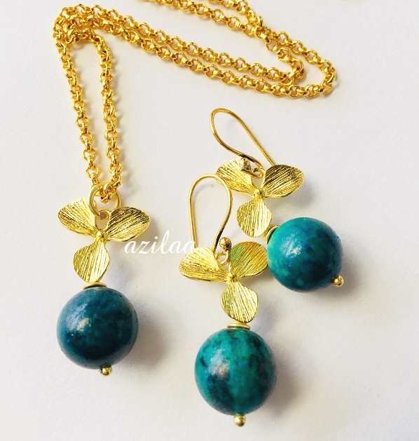 Green Azurite malachite gold plated pendant chain necklace set