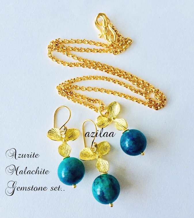 Green Azurite malachite gold plated pendant chain necklace set