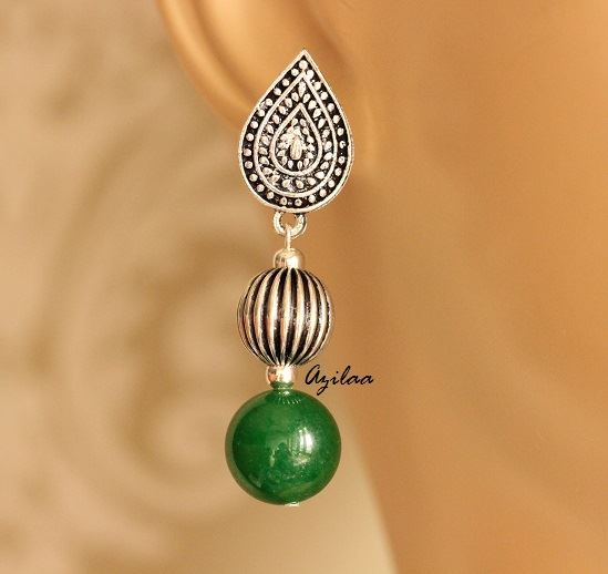 Green Beaded gemstone silver post earrings