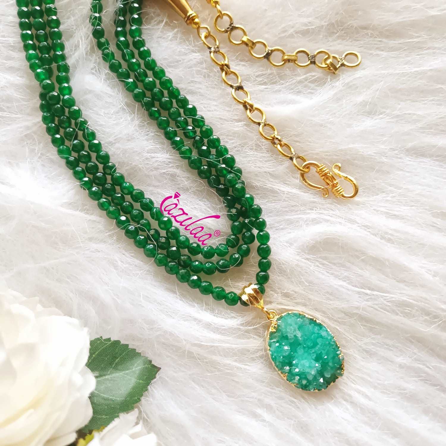 Green Druzy gemstone gold plated pendant necklace