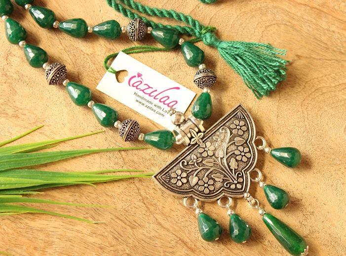 Green Ethnic Statement Gemstone artisan handmade necklace set
