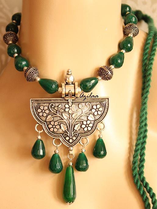 Green Ethnic Statement Gemstone artisan handmade necklace set