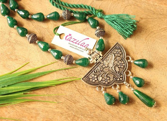 Green Ethnic Statement Gemstone artisan handmade necklace set