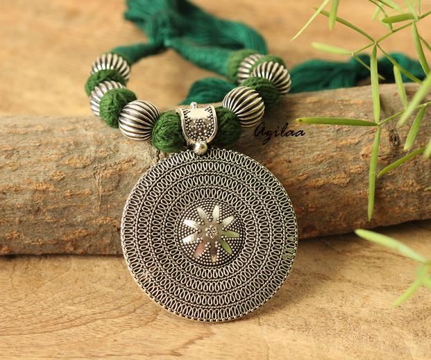 Green Ethnic oxidized silver plated thread handmade necklace set