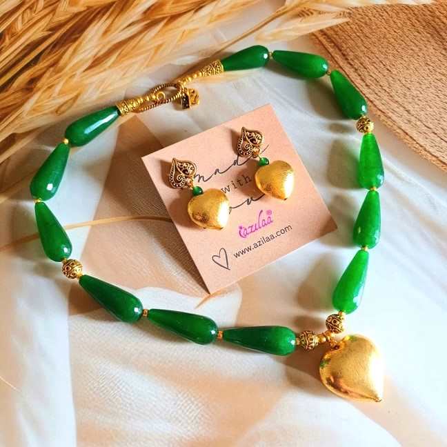 Green Golden Heart gemstone handmade beaded necklace set