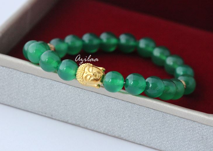 Green Onyx Buddha stretch gemstone silver handmade bracelet
