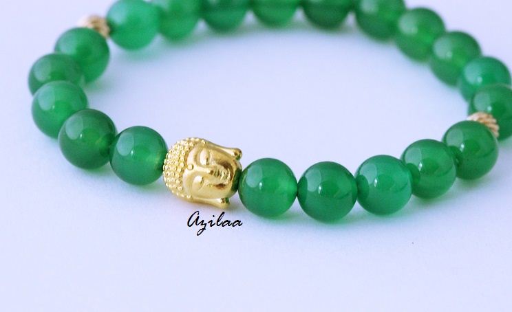 Green Onyx Buddha stretch gemstone silver handmade bracelet