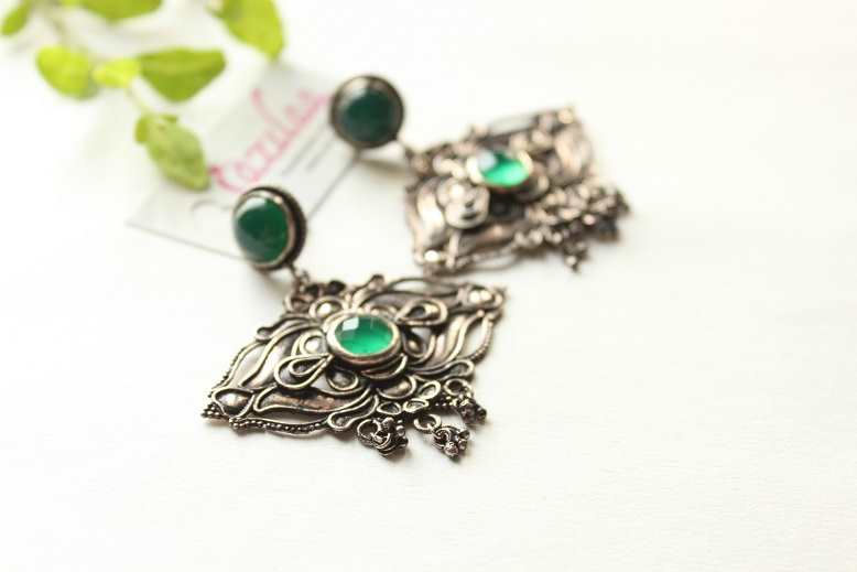 Green Onyx silver earrings, Designer sterling silver earrings
