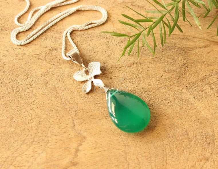 Green Orchid flower designer pendant silver chain