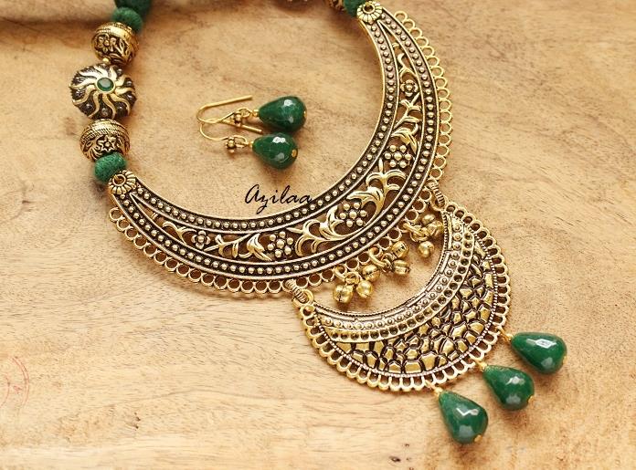 Green gemstone ethnic antique gold tone long necklace set
