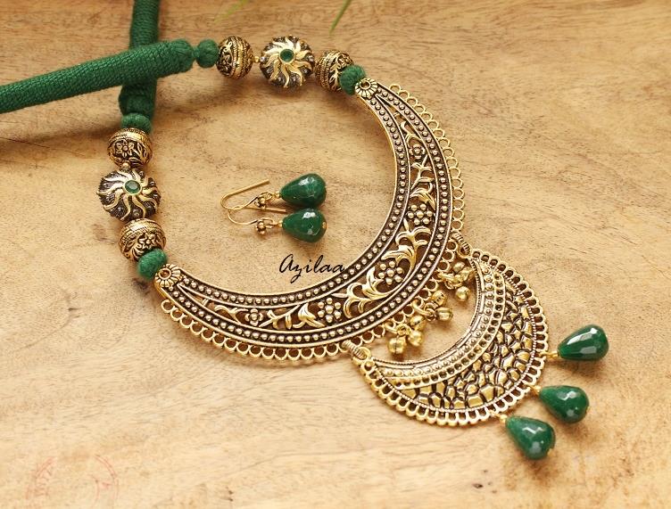 Green gemstone ethnic antique gold tone long necklace set
