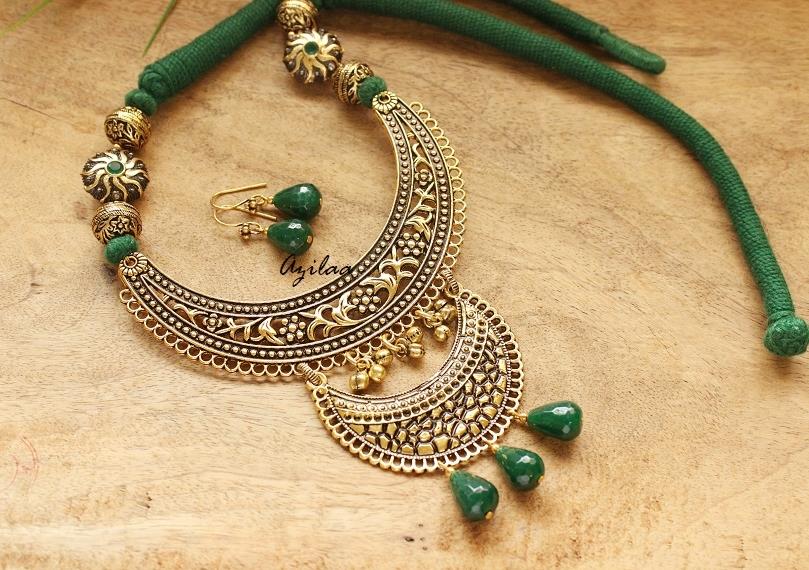 Green gemstone ethnic antique gold tone long necklace set