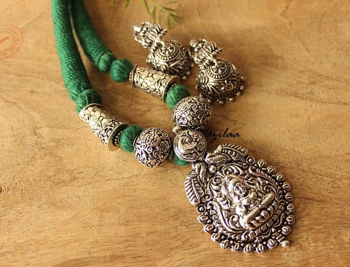 Goddess Laxmi antique silver plated necklace earrings set
