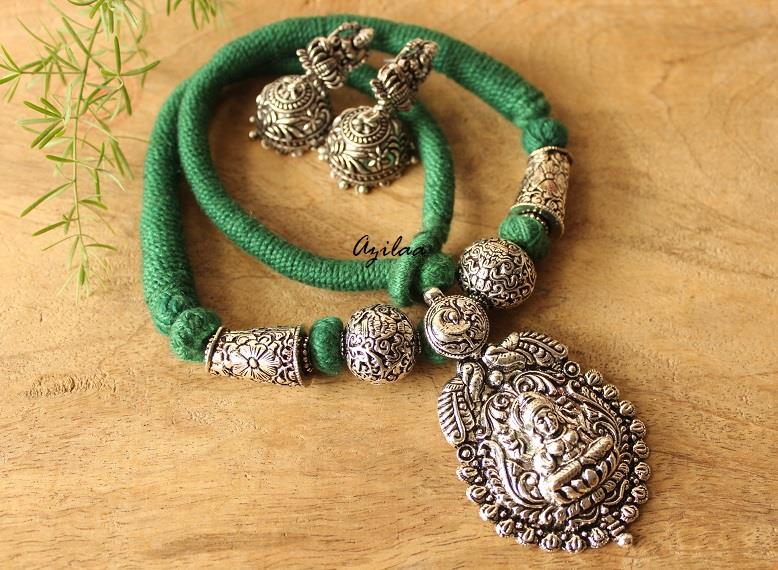 Goddess Laxmi antique silver plated necklace earrings set