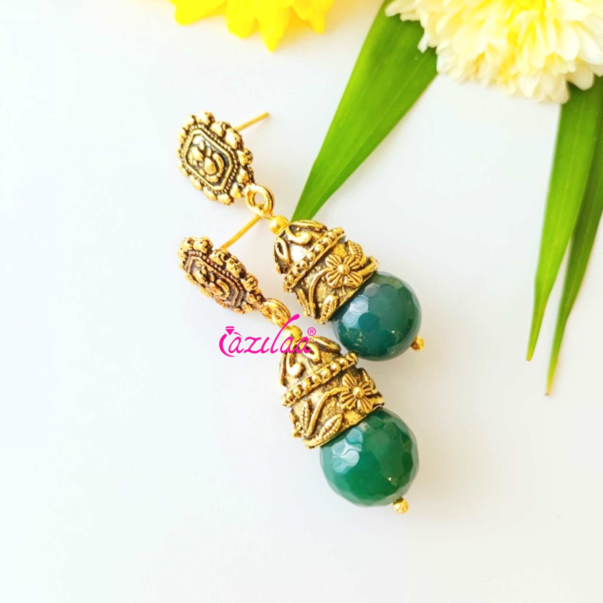 Ganesha Green agate dangler antique golden earrings