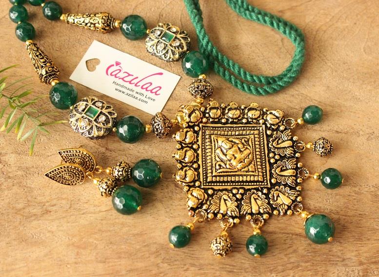 Green antique gold Ganesha laxmi Statement handmade necklace set