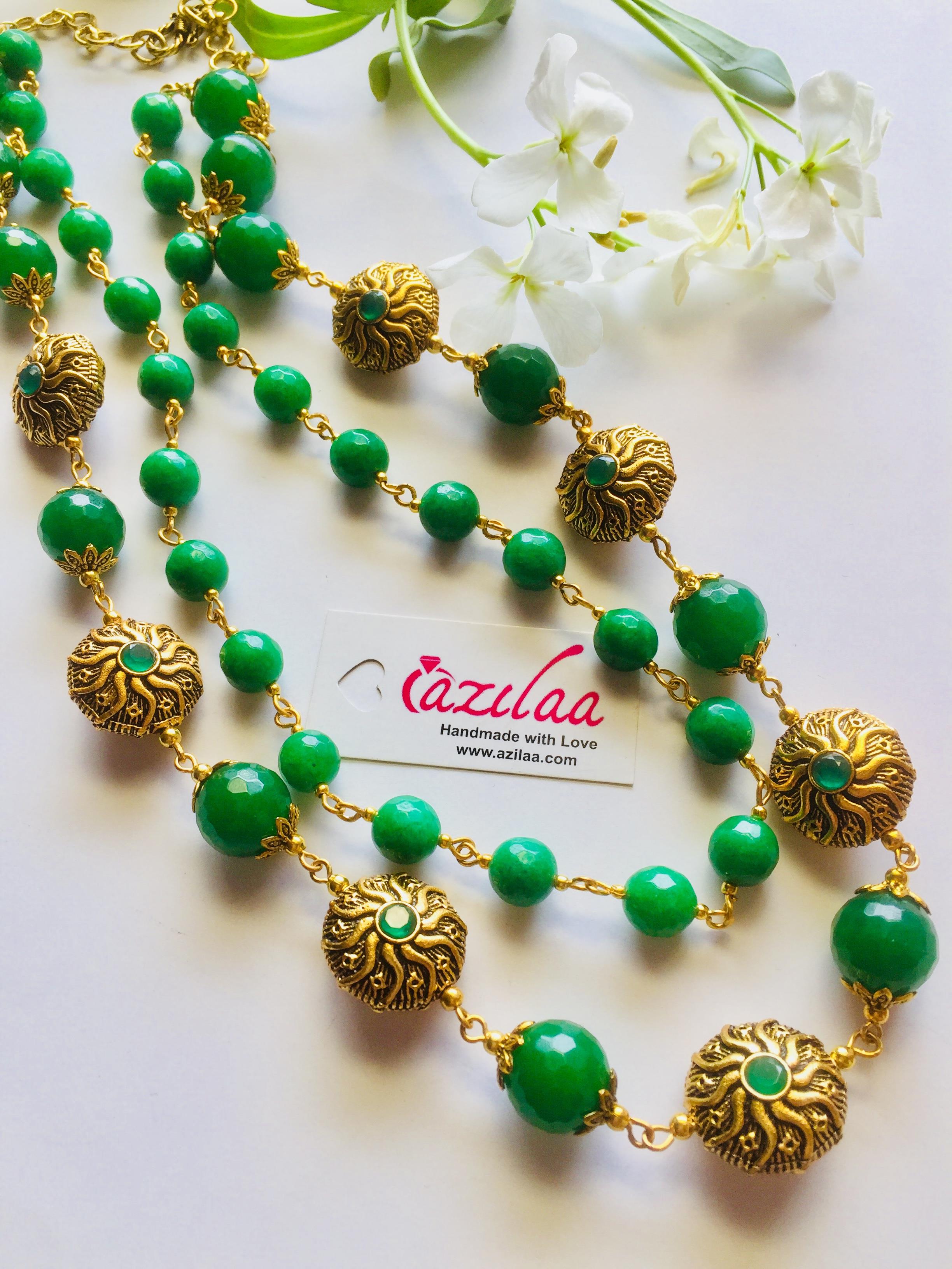 Green beaded necklace, Designer gemstone necklace
