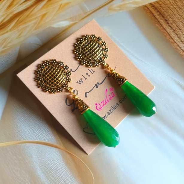 Green dangler gemstone antique golden post earrings