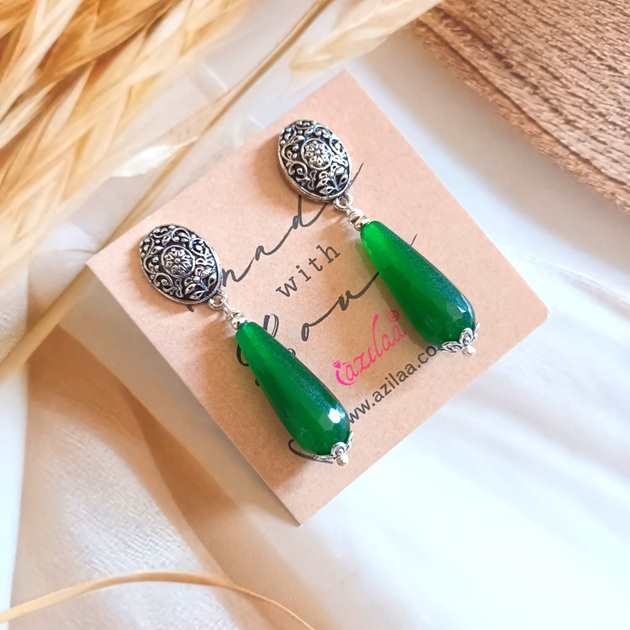 Green drop Spring post Dangler Earrings