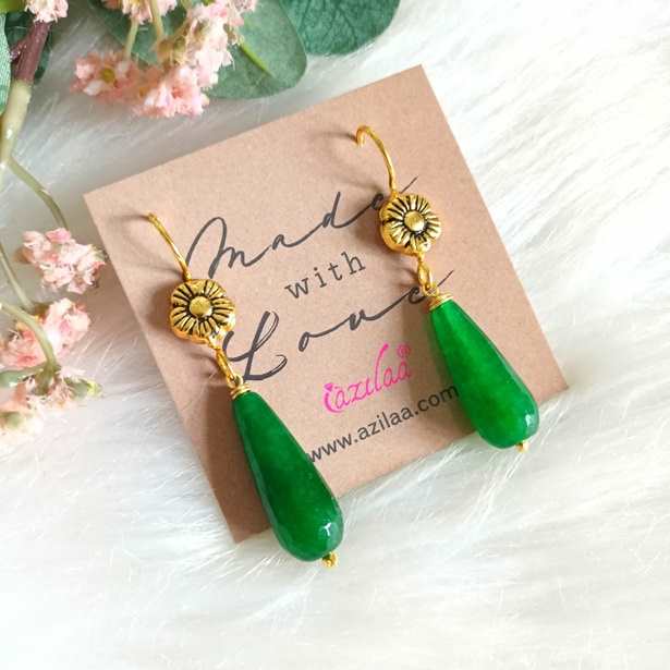 Green drop flower dangler gold plated earrings