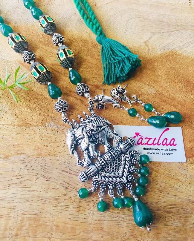 Green elephant Ethnic gemstone beaded handmade necklace set
