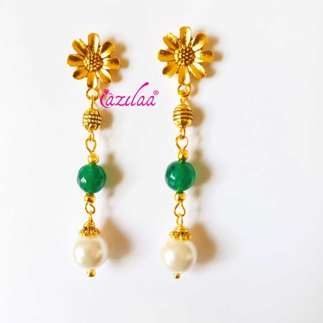 Green flower dangler antique golden earrings