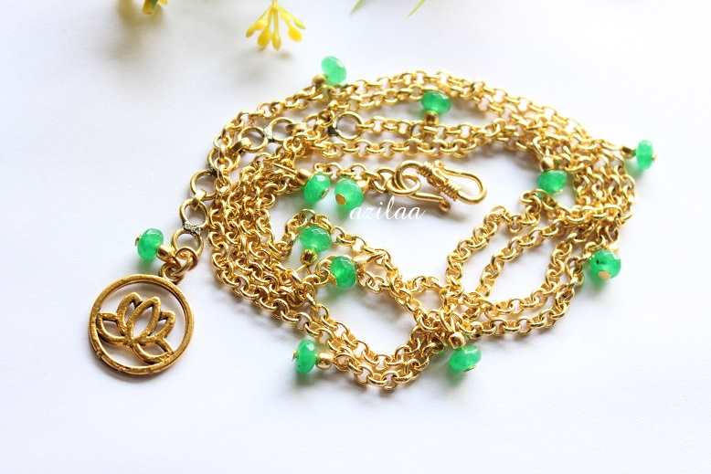 Lotus charm Green gemstone gold plated waist chain
