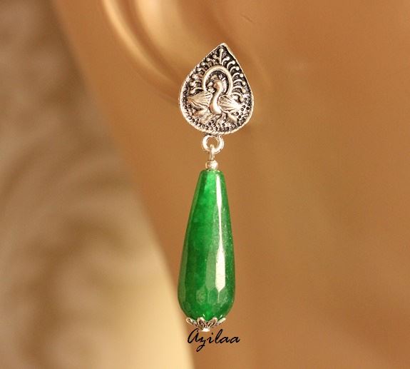 Green gemstone silver plated post earrings