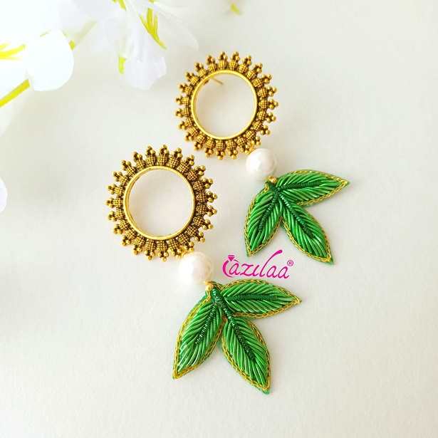 Green leaf embroidery dangler party earrings