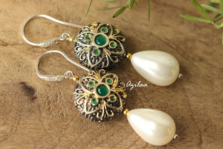 Green  modern oxidized pearl cz earrings