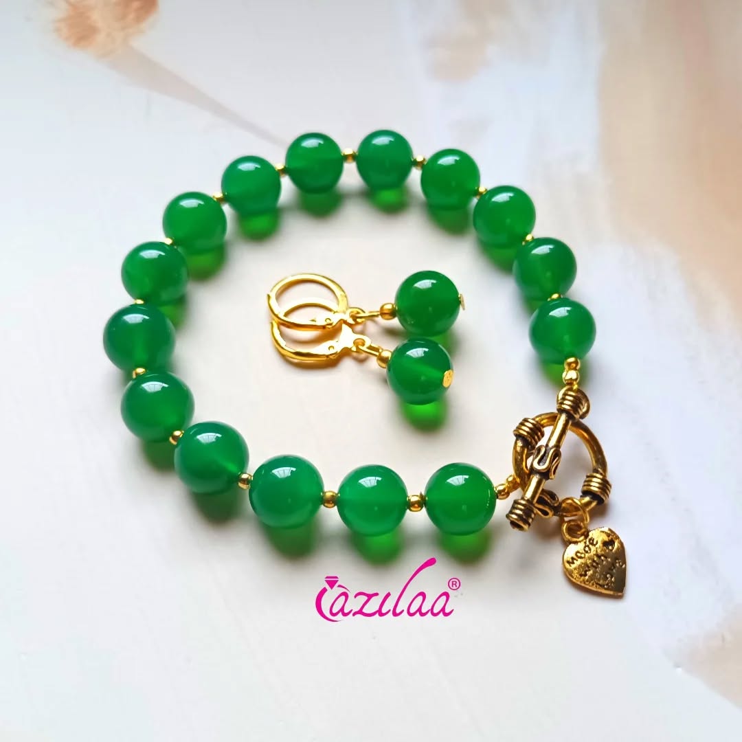 Green onyx antique golden bracelet earring gemstone beaded set