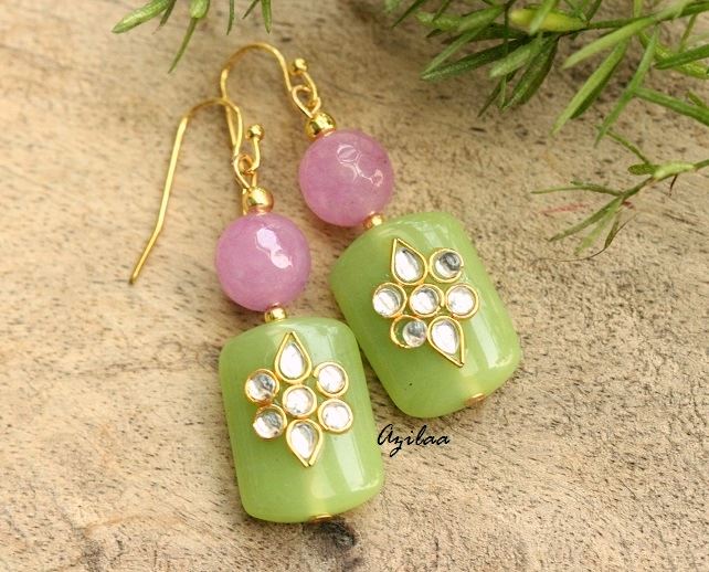 Green purple  beaded gold plated earrings