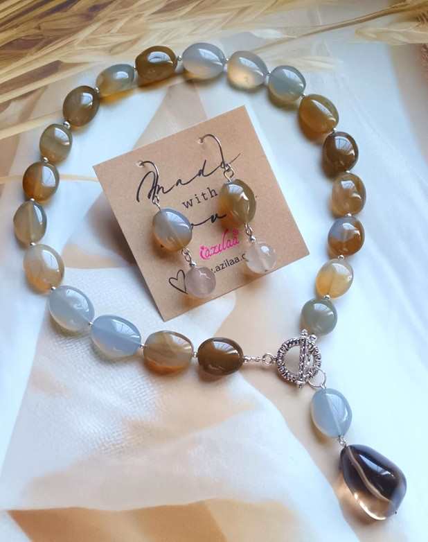 Grey chalcedony and smoky quartz antique silver gemstone necklace
