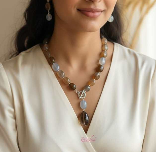 Grey chalcedony and smoky quartz antique silver gemstone necklace