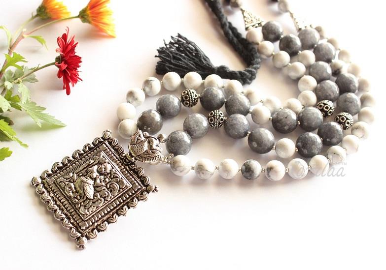 Grey white gemstone pendant necklace,Designer  bead necklace set