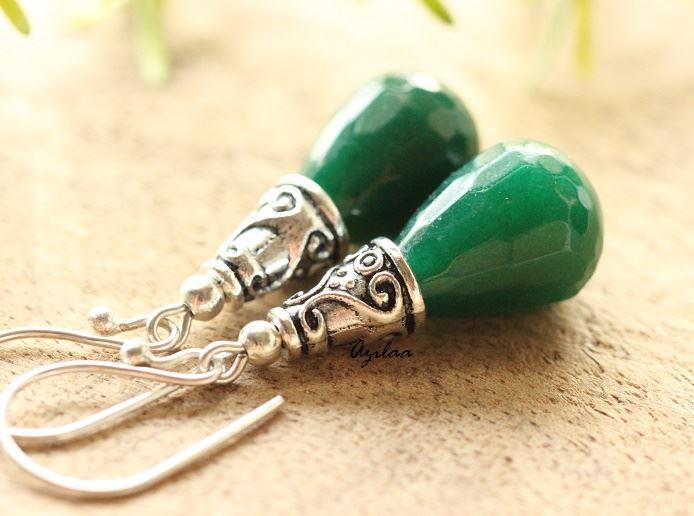 Handmade green bead gemstone silver Earrings