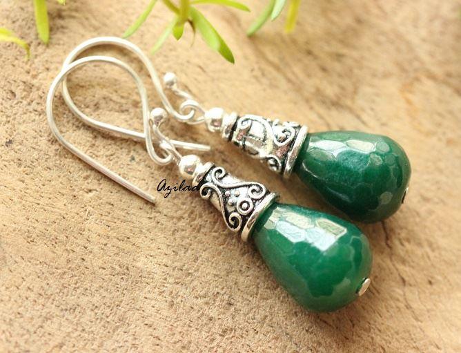 Handmade green bead gemstone silver Earrings