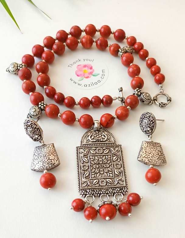 Healing red jasper beaded necklace set Jasper gemstone jewelry