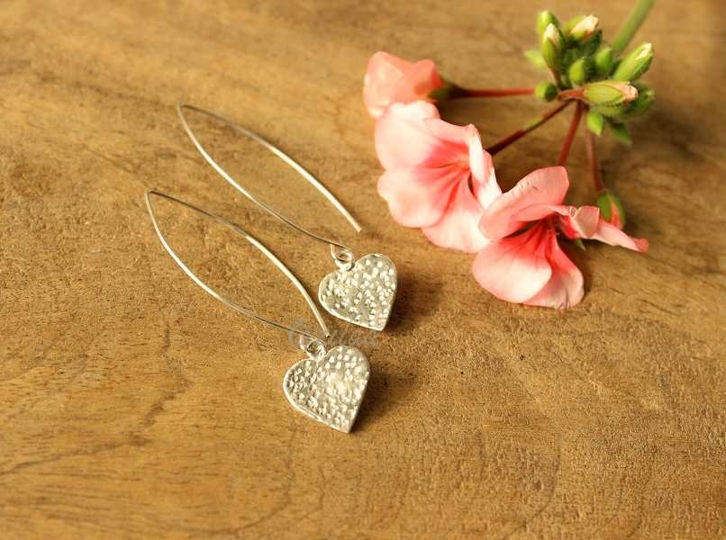 Heart charm sterling silver Long dangler earrings