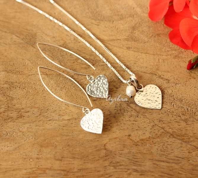 Heart charm sterling silver pendant Long dangler earrings set
