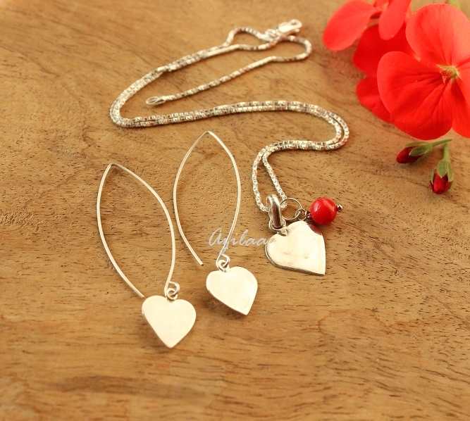 Heart charm sterling silver pendant Long dangler earrings set