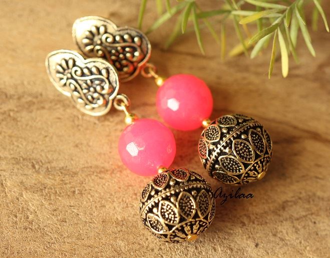 Hot Pink Antique Gold tone handmade earrings