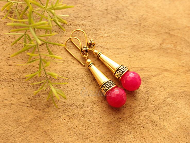 Hot pink gold earrings for women, Unique designer drop earrings