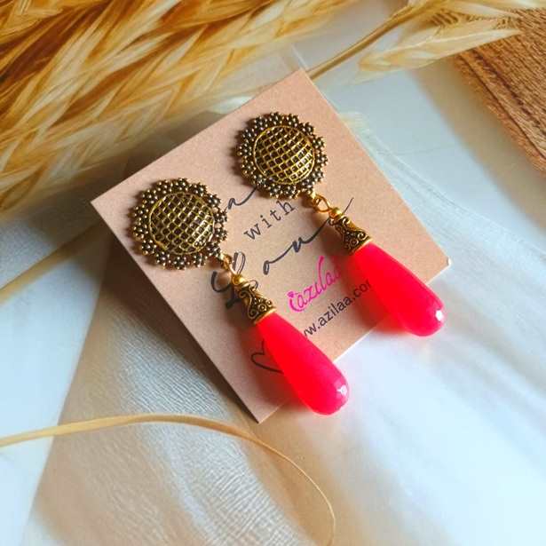 Hot Pink dangler gemstone antique golden post earrings