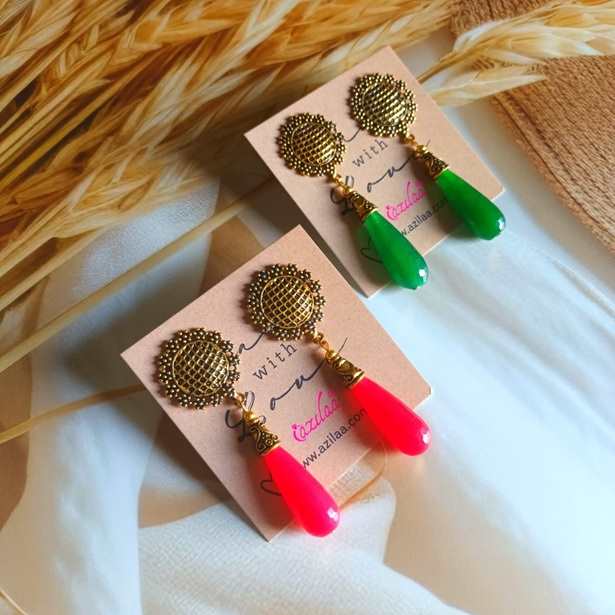 Hot Pink dangler gemstone antique golden post earrings